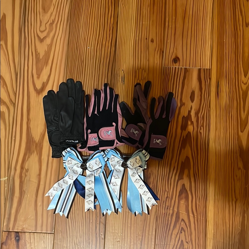 Shires Black and Pink Riding Gloves with Blue and White Ribbons